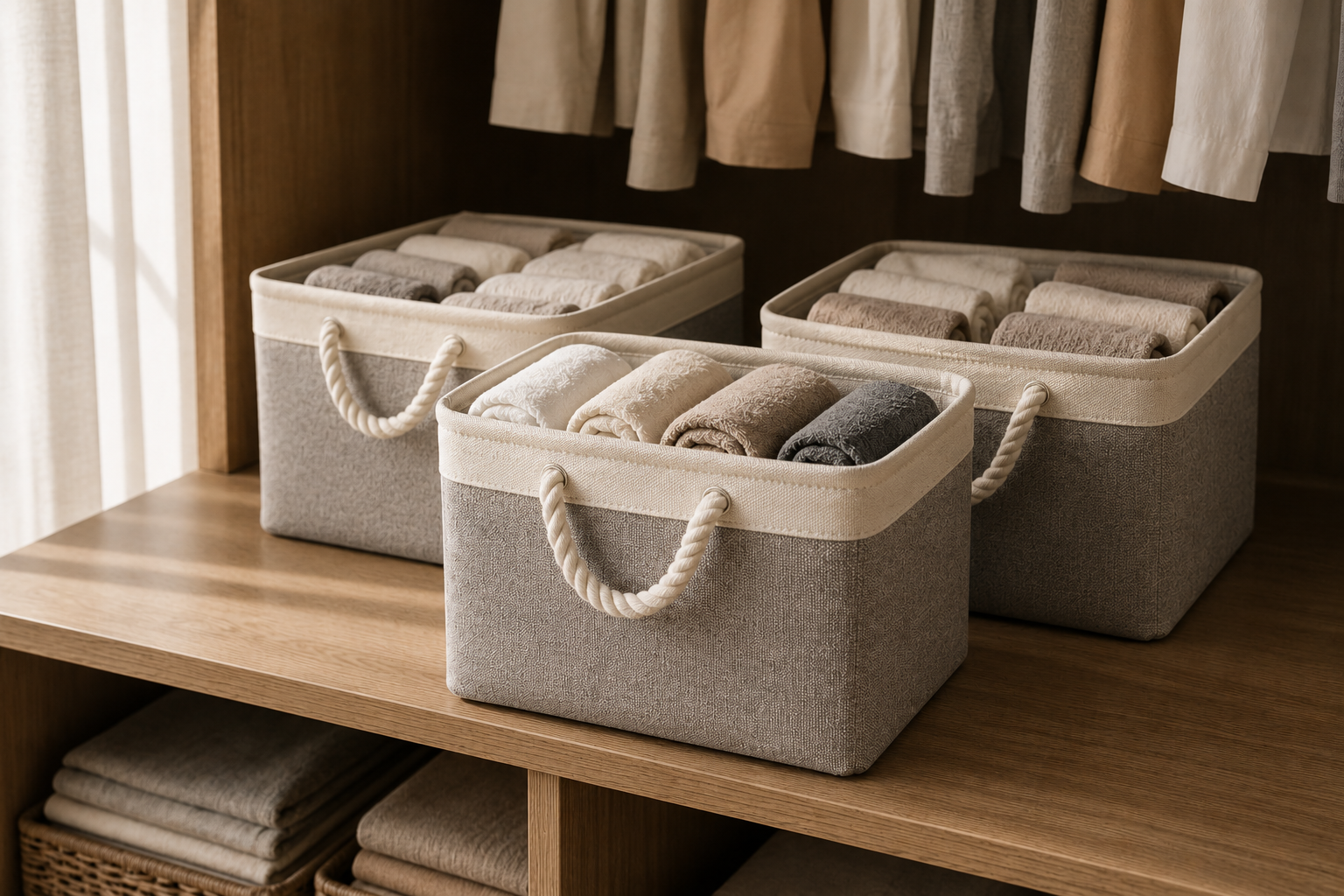 Set de 3 Canastos Organizadores Plegables — Tela con Asas Reforzadas